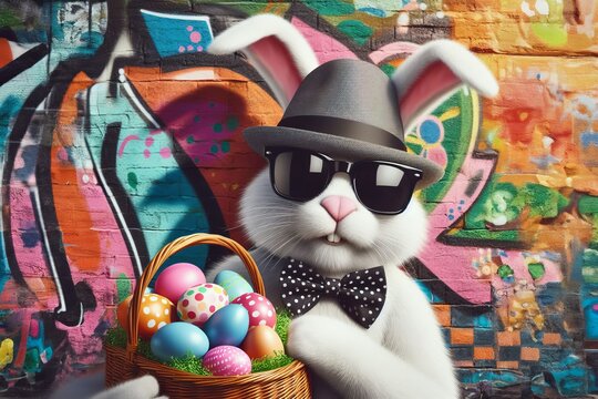 Ein trendiger Osterhase mit Hut, Sonnenbrille und gepunkteter Fliege h&auml;lt einen Korb voller bunter Eier vor einer Graffiti-Wand &ndash; eine urbane und kreative Osteridee. Generative KI.