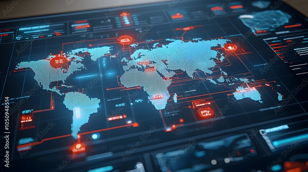 Poster Detailed polygonal map with luminous edges and glowing nodes in a 3D interactive format showcasing the advancement of technology and the interconnected nature of the global landscape