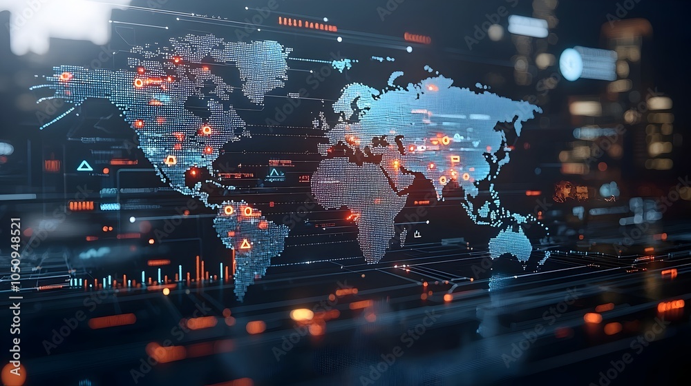 Leinwandbilder A detailed futuristic 3D map with luminous polygonal edges and glowing nodes highlighting the interconnected nature of global technology and innovation
