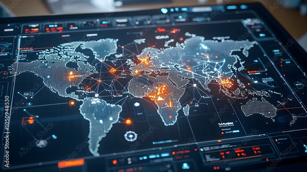Poster Detailed polygonal 3D map with luminous edges and glowing nodes in an interactive format showcasing the growth of technology and global connectivity