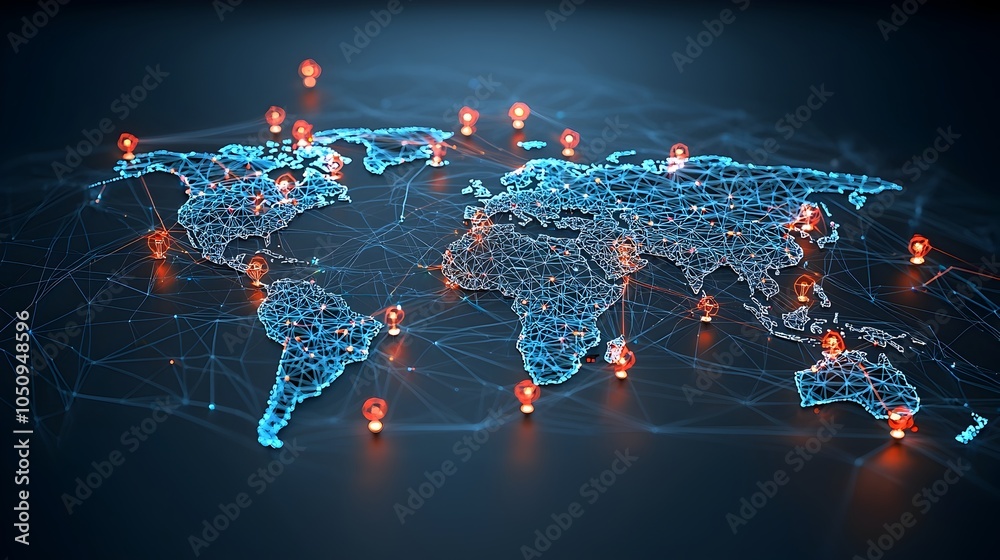 Poster Vibrant 3D polygonal map with glowing nodes and interactive features depicting futuristic technological breakthroughs in global digital networks and connectivity