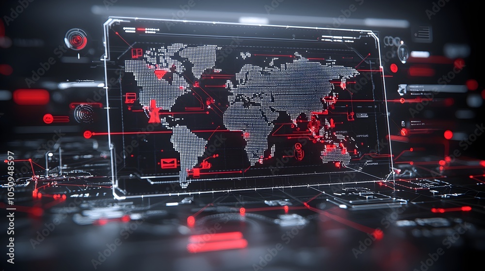Aufkleber A 3D interactive polygonal map with radiant glowing edges and dynamic movement emphasizing innovation and high tech global communication