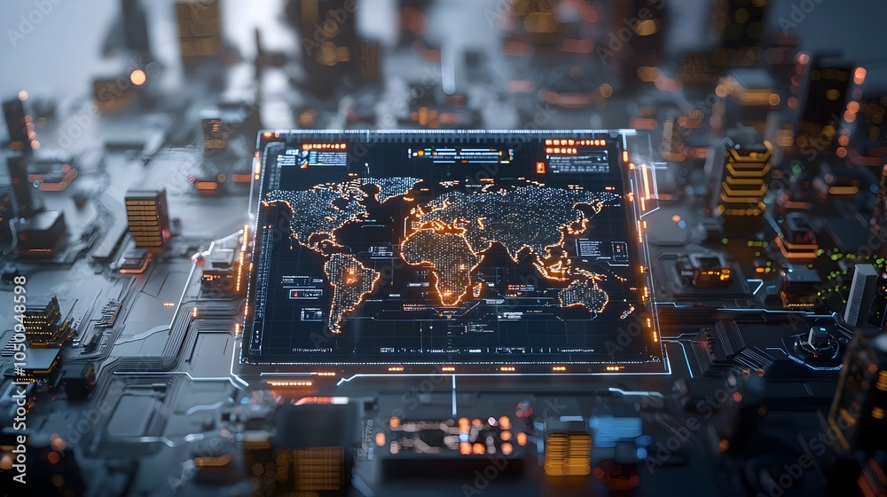 Poster Radiant Polygonal 3D Interactive Map with Dynamic Glowing Edges Emphasizing Innovation and High Tech Global Communication Visualization