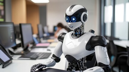 Humanoid robot offering tutoring sessions through an advanced ai communication system in a sleek educational workspace