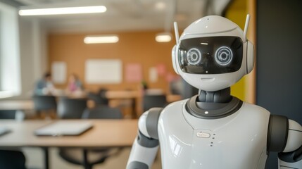 Humanoid robot offering tutoring sessions through an advanced ai communication system in a sleek educational workspace