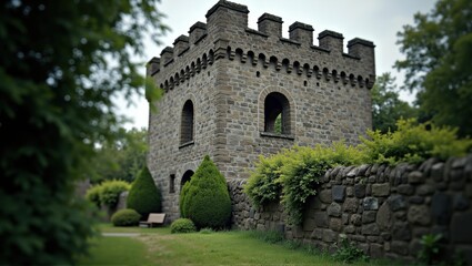 Stone wall with greenery, castle in background, serene nature, architectural beauty, historical structure. Generative, AI.

