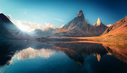 Obraz premium Scifi landscape with the reflection of the mountains in lake