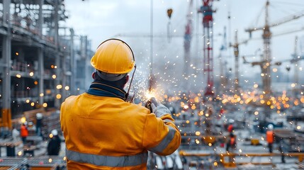 Skilled welder at work creating precise metalwork with a shower of glowing sparks against a dark industrial background capturing the precision and strength of the shipbuilding industry