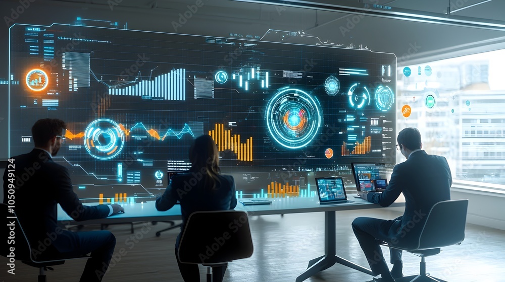 Aufkleber Silhouetted business leaders and professionals analyzing futuristic digital charts graphs and data visualizations with vibrant holographic overlays