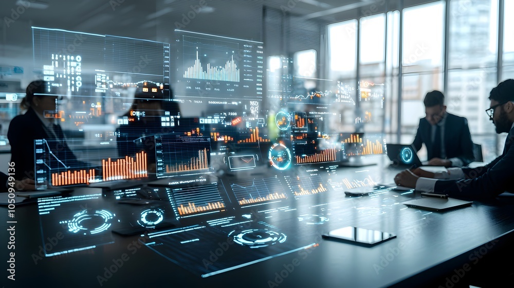 Poster Silhouettes of business professionals examining advanced digital charts graphs and data visualizations with vibrant holographic overlays