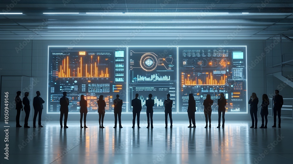 Aufkleber A group of silhouetted figures standing before digital screens filled with glowing data graphs symbolizing advanced data analysis and intelligence innovation in the modern technology landscape