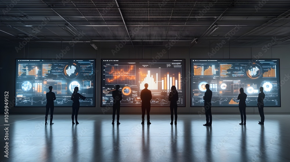 Aufkleber Silhouettes of abstract figures standing before digital screens filled with glowing data graphs symbolizing cutting edge data intelligence and technological innovation