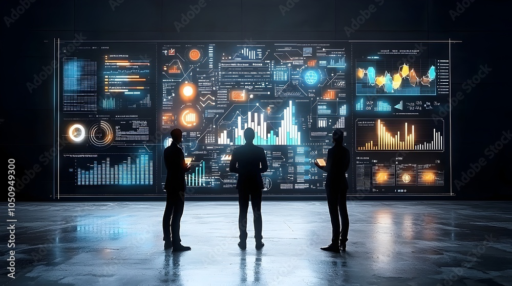 Leinwandbilder Silhouetted business figures standing in front of dynamic digital screens showcasing advanced data visualizations and insights for strategic planning and technological innovation