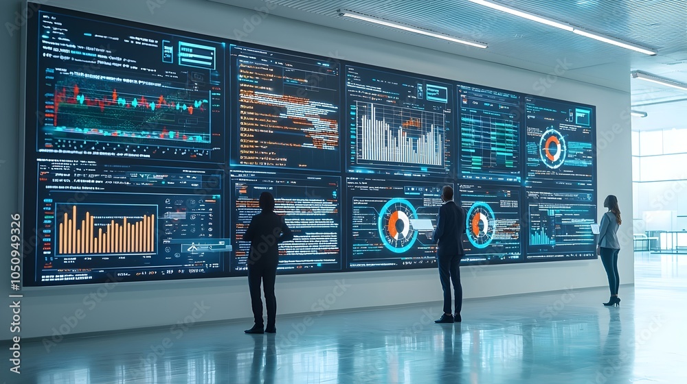 Poster Dynamic business silhouettes standing in front of futuristic digital data screens showcasing insights and visualizations for technological innovation and strategic decision making
