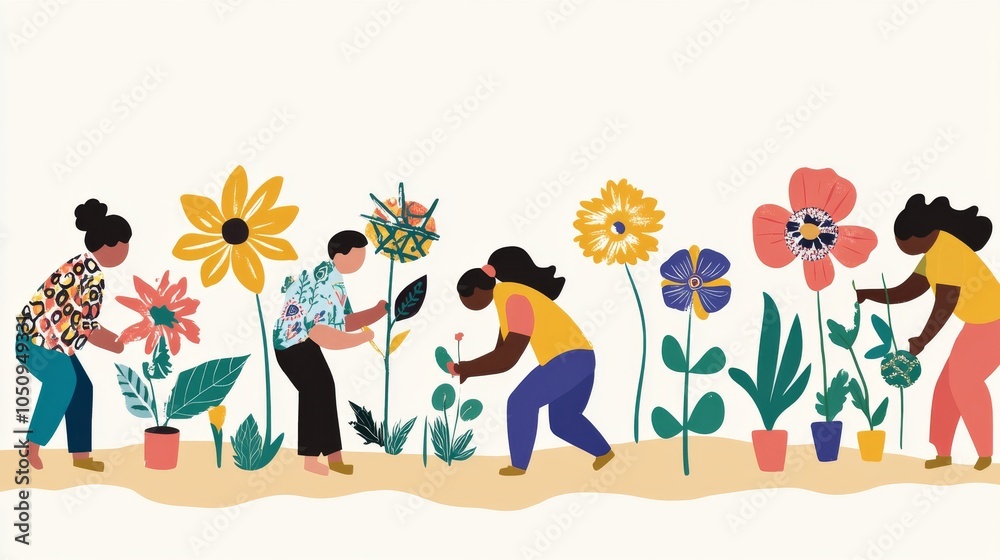 Poster an evocative visual of a diverse group of people planting a garden with flowers that each have diffe