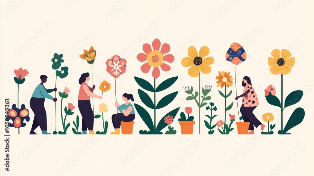 Poster an evocative visual of a diverse group of people planting a garden with flowers that each have diffe