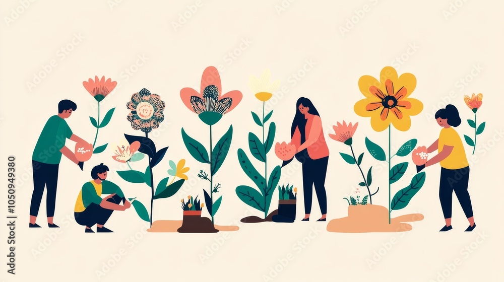 Poster an evocative visual of a diverse group of people planting a garden with flowers that each have diffe
