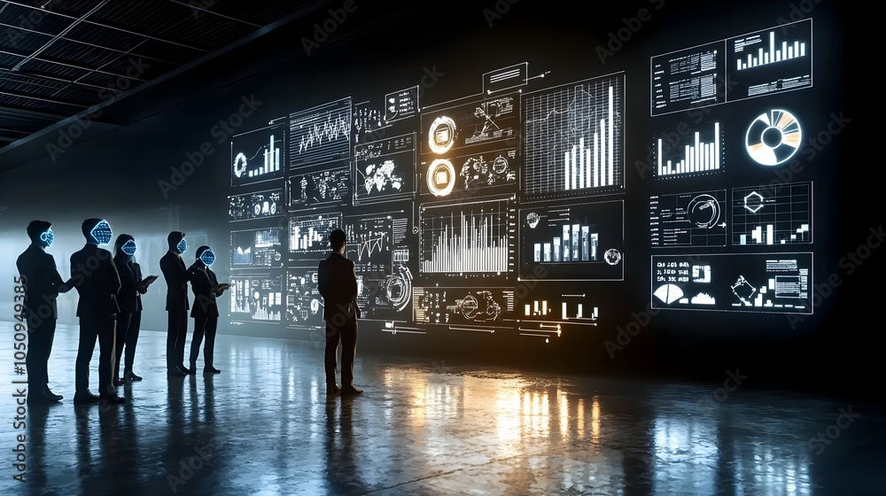 Poster Cutting Edge AI Driven Data Analysis with Silhouetted Analysts Surrounded by Glowing Digital Charts and Graphs