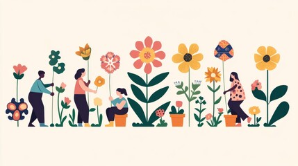 Naklejka premium An evocative visual of a diverse group of people planting a garden with flowers that each have different cultural patterns on their petals