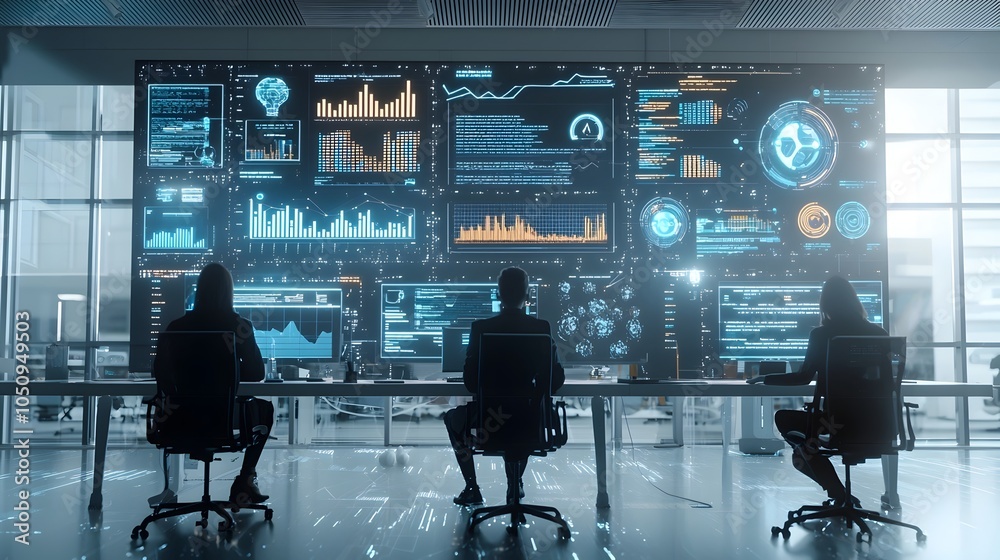 Poster Silhouetted figures surrounded by luminous graphs charts and data projections showcasing analytics and insights within a captivating digital environment