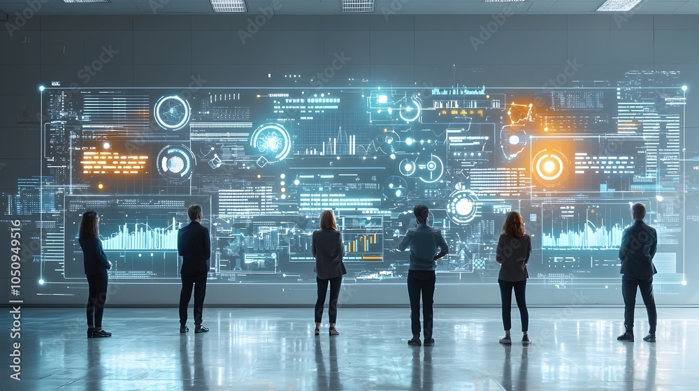 Poster silhouettes of people observing data projections and charts in a futuristic digital environment the 