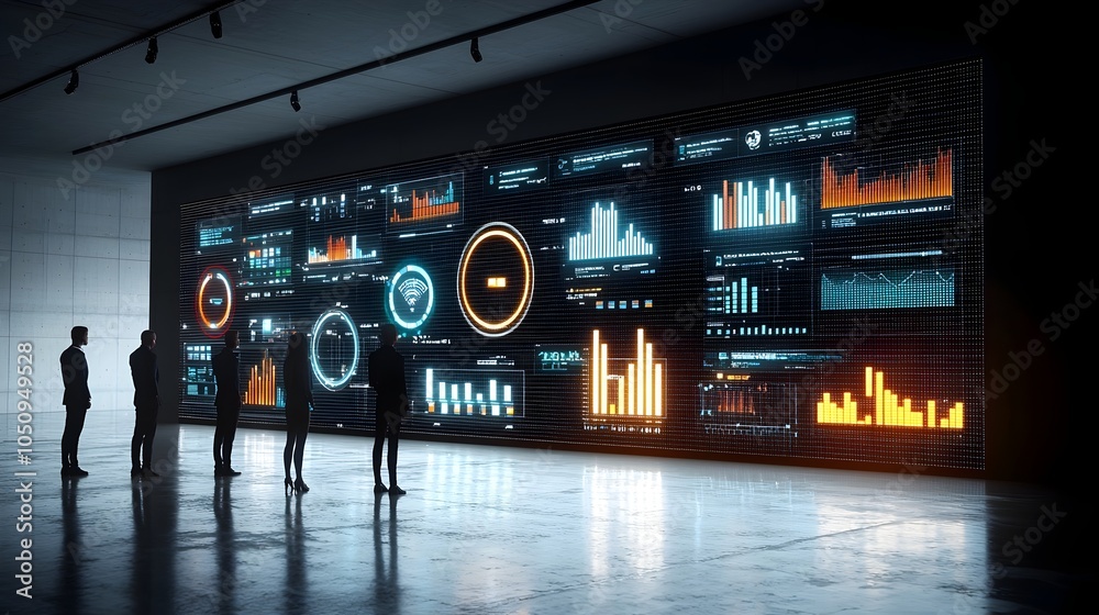 Aufkleber Silhouettes of people standing before expansive digital data screens showcasing glowing graphs charts and data visualizations  This image represents the advancement of technology