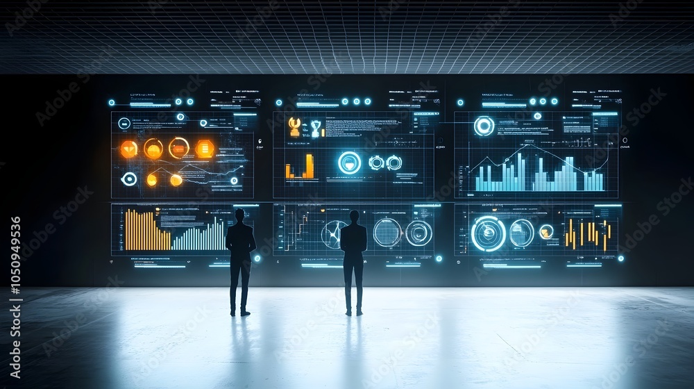 Poster Silhouetted human figures standing before expansive digital screens showcasing intricate data visualizations graphs and analytics