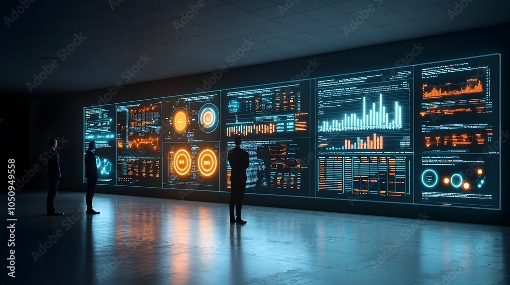 Aufkleber Silhouetted figures standing before an expansive display of dynamic digital data visualizations representing technological advancement and data driven decision making