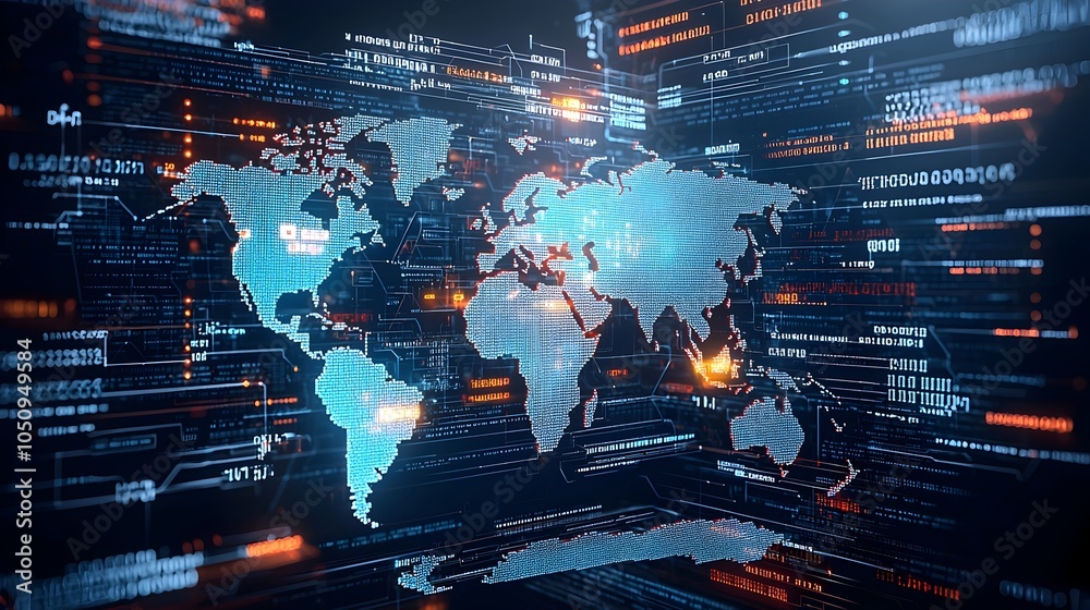 Poster Glowing Polygonal World Map Overlay on a Flowing Binary Code Background Symbolizing Global Connectivity and Digital Innovation in 3D Rendering