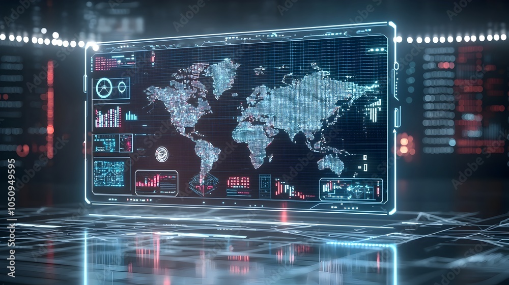 Poster Glowing Polygonal Map with Futuristic Binary Code Backdrop Symbolizing Global Data and Technological Innovation  3D Rendering of an Abstract Digital Visualization