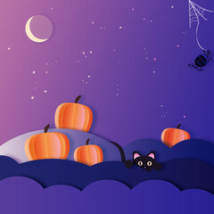 Spooky Halloween background with pumpkins and a furtive black cat. Paper cutout effect.