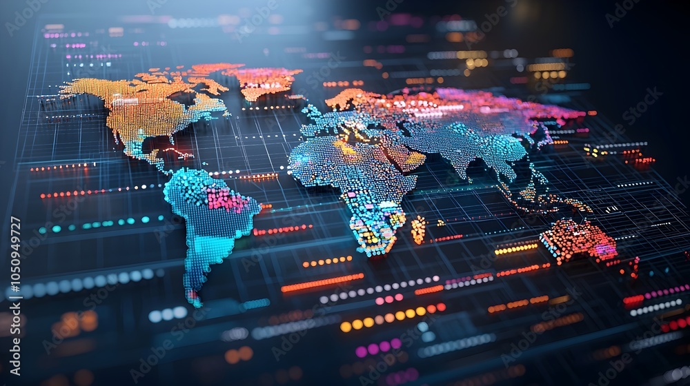 Fototapete Vibrant Futuristic Polygonal 3D Map Representing AI Powered Global Interconnectivity with a Binary Code Matrix Background Symbolizing the Digital Infrastructure Powering Worldwide and Communication