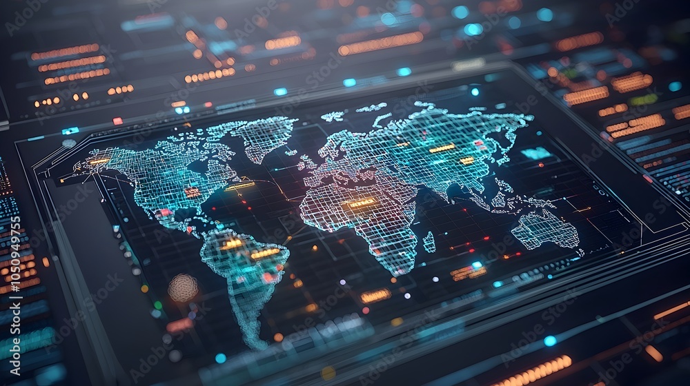 Poster Futuristic polygonal map glowing in vibrant colors set against a binary code matrix symbolizing the power of AI driven global interconnectivity and digital transformation in a 3D rendering