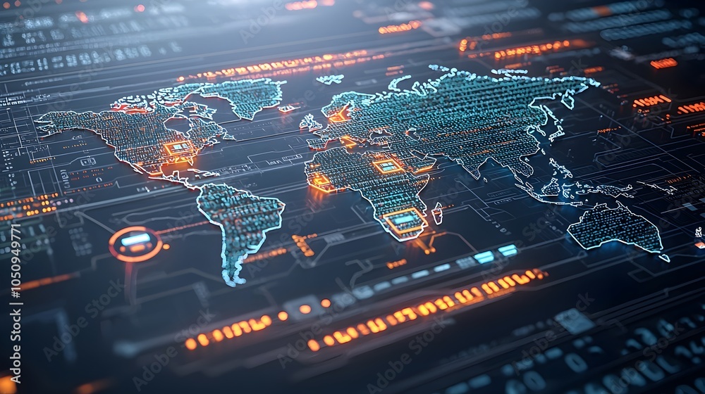 Poster Luminous and Geometric Polygonal Map Design with Glowing Edges Set Against a Binary Code Background Highlighting the Innovative and Futuristic Applications of Technology and Digital Art