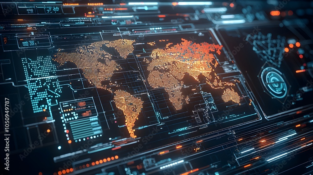 Poster Glowing 3D polygonal digital technology landscape with a dynamic binary matrix code background showcasing innovative global connectivity and intelligence