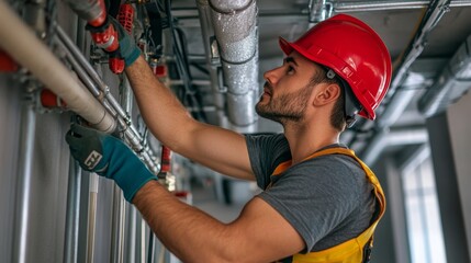 Technician installing a sprinkler system in a commercial building ceiling