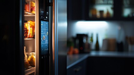 Close-up of smart refrigerator touchscreen with recipe suggestions