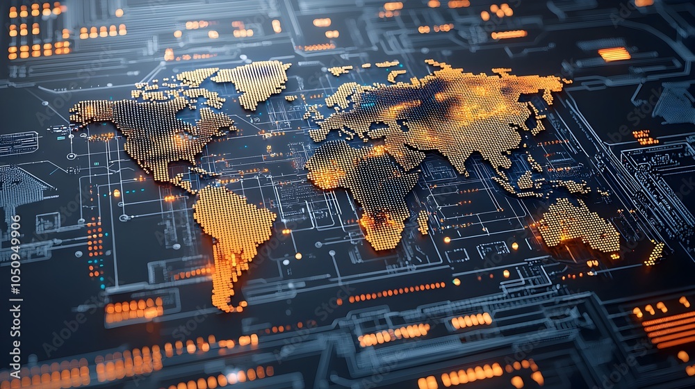 Aufkleber Polygonal 3D World Map with Glowing Digital Data Visualization and Binary Code Representing Innovation in Interactive Geographic Information and Technology