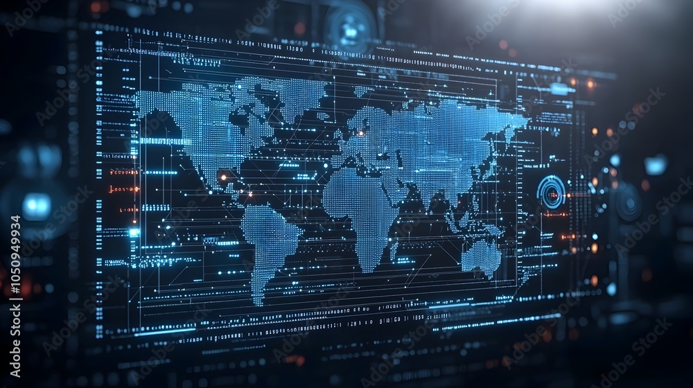 Fototapete Luminous Polygonal 3D Map with Binary Code Background Representing Digital Transformation Global Interaction and Technological Growth  Futuristic Visualization of Data Networks and Innovations
