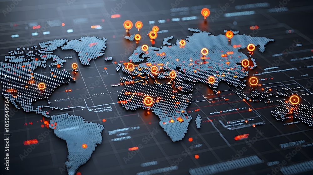 Poster Radiant polygonal map with glowing nodes on a binary code backdrop representing advanced AI driven global networks in a 3D digital environment  Depicting the interconnected complex