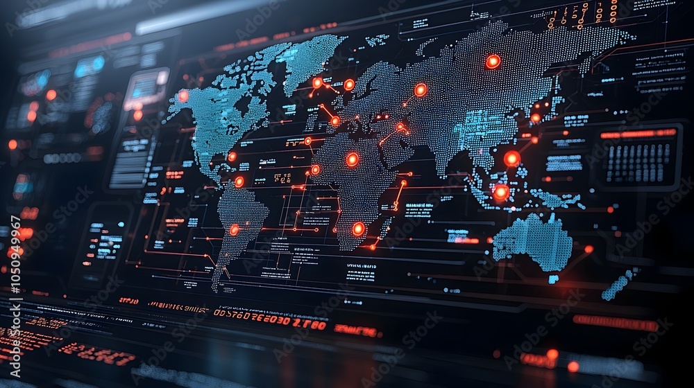 Aufkleber Radiant polygonal map with glowing nodes on a binary code backdrop representing advanced AI driven global networks in a 3D digital environment