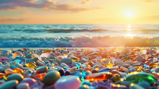 The Beach at Sunset with Smooth Pebbles and Glass Fragments.