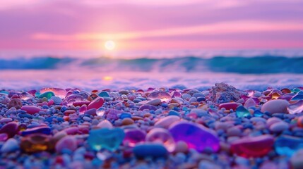 Obraz premium Colorful Sea Glass and Pebbles on a Beach at Sunset with a Pink Sky.