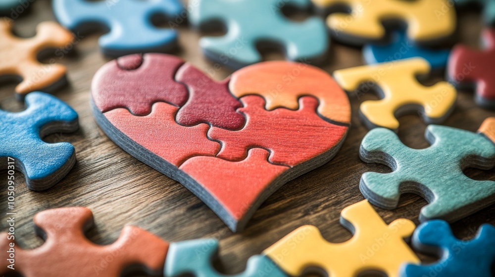 Poster an impactful image of a diverse range of puzzle pieces coming together to form a vibrant heart, symb