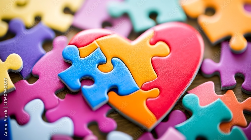 Poster an impactful image of a diverse range of puzzle pieces coming together to form a vibrant heart, symb