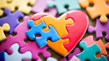An impactful image of a diverse range of puzzle pieces coming together to form a vibrant heart, Symbolizing the unity and love fostered through DEI initiatives, minimalist style