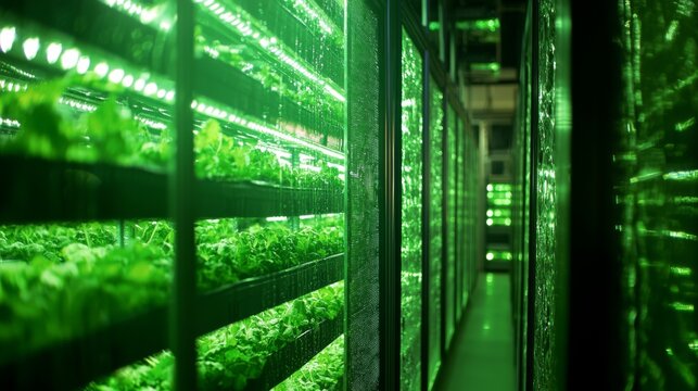 Hydroponic vertical farm with lush green vegetables under LED lights - Powered by Adobe