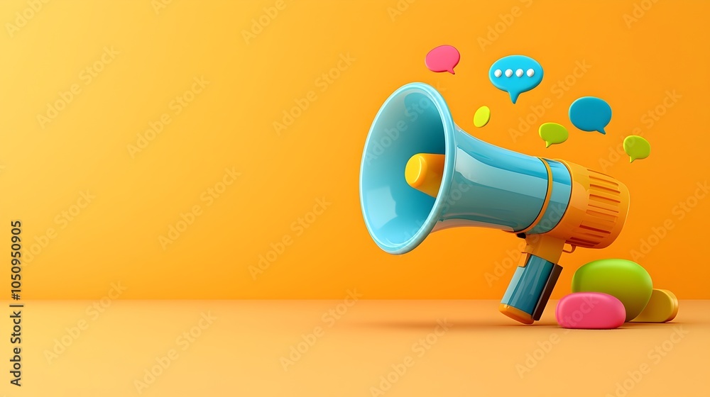 Leinwandbilder Attention grabbing 3D rendering of a sleek and modern megaphone with a vibrant speech bubble on a solid orange background perfect for eye catching promotional designs advertisements