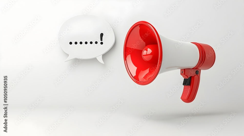 Poster Bold 3D megaphone device projecting a speech bubble hovering on a solid white background perfect for minimalistic announcement advertising and corporate presentation themes