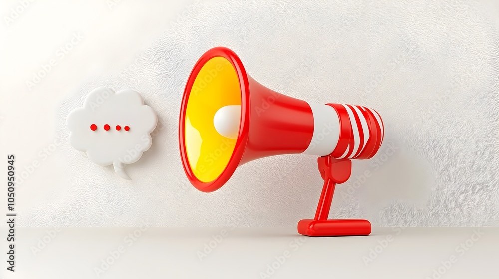 Poster Bold and Striking 3D Megaphone Projecting a Speech Bubble Hovering on a Solid White Background Perfect for Minimalistic Announcement or Marketing Themes